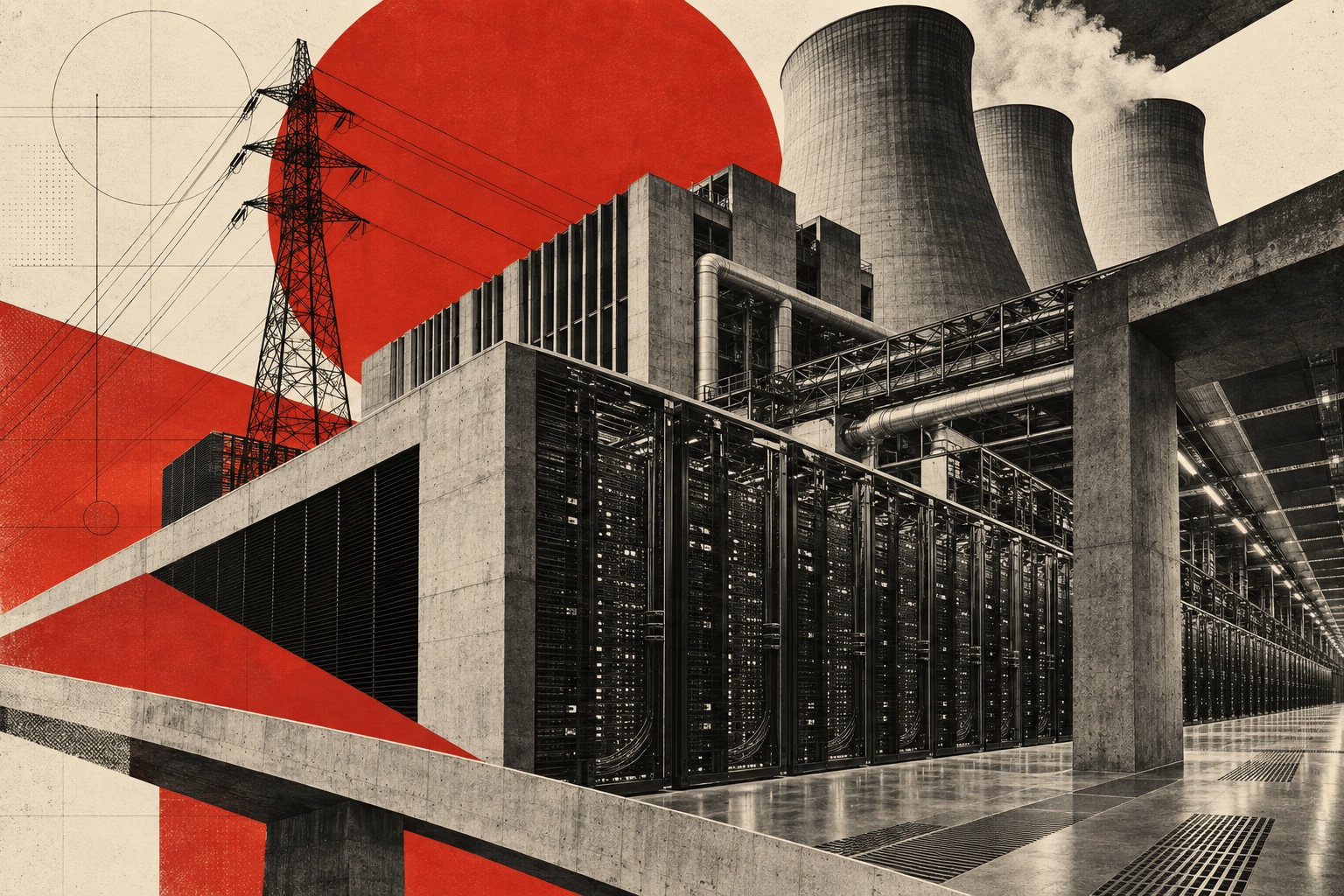 Industrial collage of server racks, power infrastructure, and a red sun.